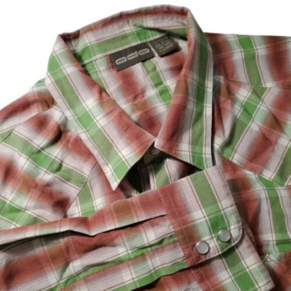 ODO Casual Western Pearl Snap Long Sleeve Green, Brown Shirt Mens XL Rodeo Ranch
